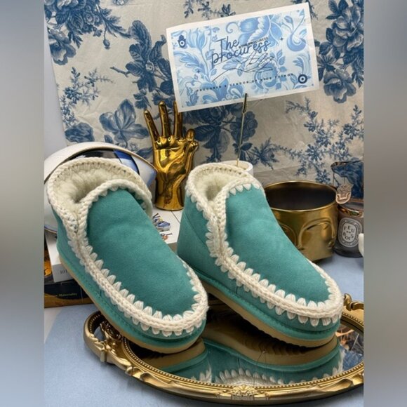🆕 MOU 🧿 NWT WOB Teal Eskimo Ankle Boot, Cream Crochet Overstitch, Sz EU 35 - Picture 2 of 13